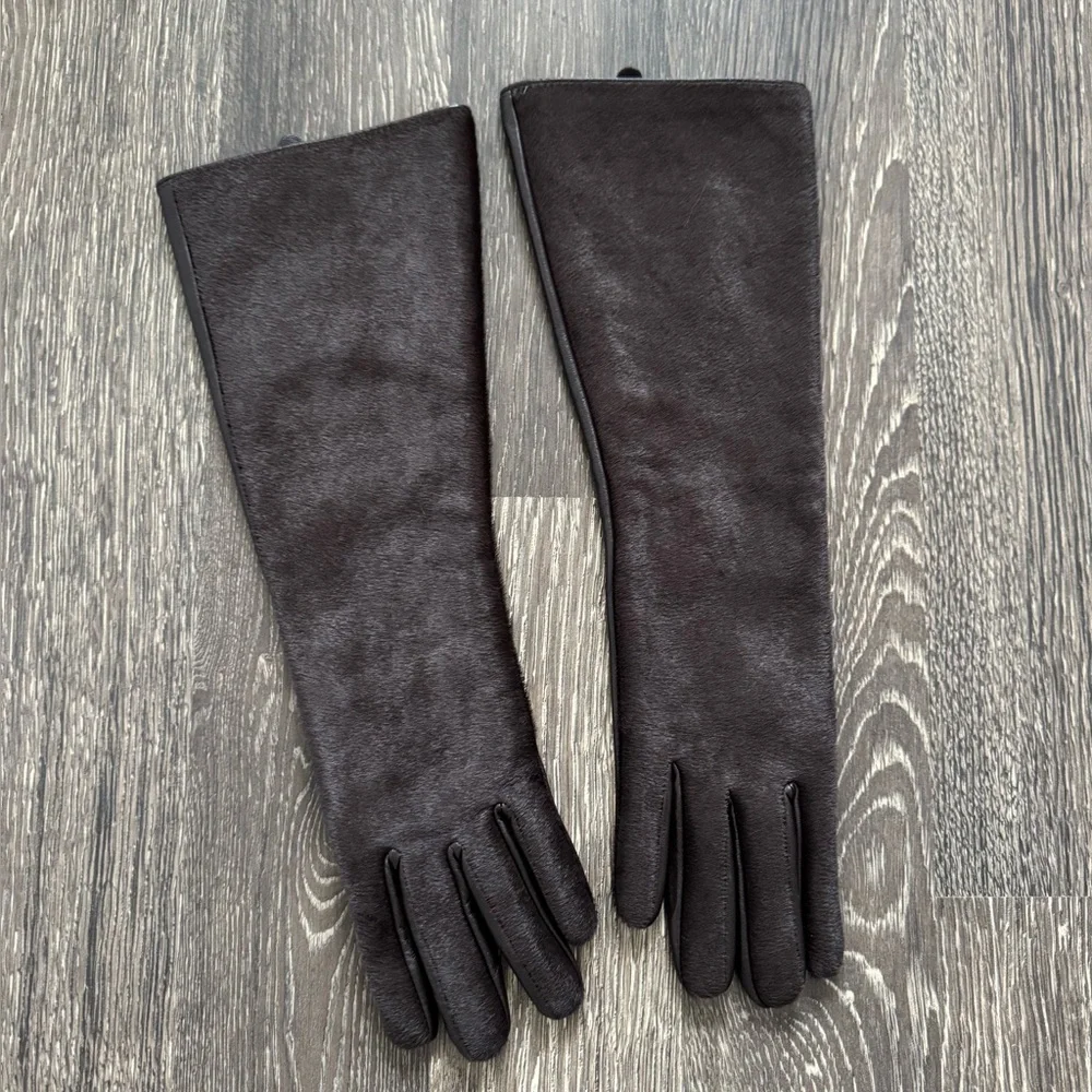 Mango brown long leather gloves with fur